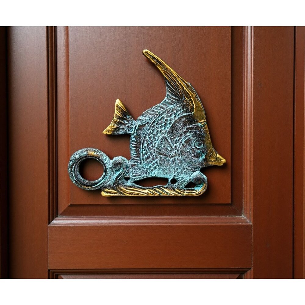 Vintage Solid Verdigris Brass Angelfish Doorbell Button Accent, NEW